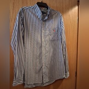 mens Ralph Lauren custom fit 100% cotton shirt, blue &  red striped long sleeve
